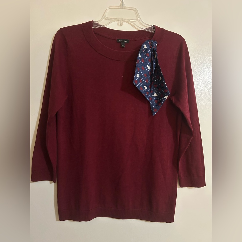 NWT Talbots Women's Maroon 3/4 Sleeve Knit Sweater Silk Ribbon SZ Sm MSRP $89.50